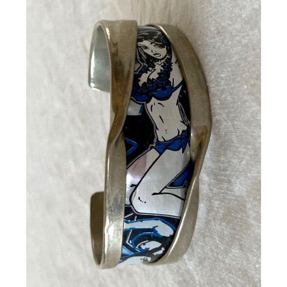 Cuff Bracelet Sexy Woman in Bikini Inlaid Graphic Silver Tone - Picture 2 of 8